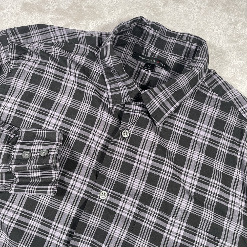 John Varvatos USA Long Sleeve Shirt Black Purple Plaid‎ Button Up Men's M